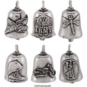 All American Leathers Air Force, Ride Like you Stole It, US Army, Helmet Boots, Dragon Fly, St Christopher Assorted Pewter Bell