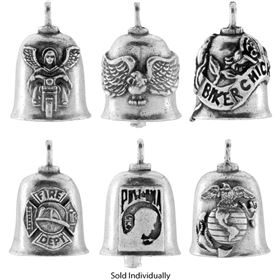 All American Leathers Eagle, Angel Bike, Fire Dept, Biker Chick, Marine Corps, POW Assorted Pewter Bell