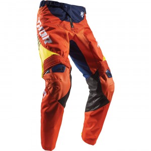 Thor Fuse Propel Pants 75% Polyester and 25% Nylon. 500D Cordura fabric in the saddle. Full grain leather inner knee panels. Integrated TPR yoke at the rear waistline acts as a belt.